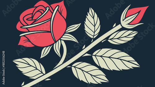 Vibrant red rose with lush green leaves on dark background