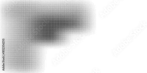 Grunge halftone gradient background. Faded grit noise texture. White and black sand wallpaper. Retro pixelated backdrop. Anime or manga style comic overlay. Vector graphic design textured template