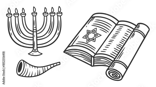 Jewish religious symbols including menorah and Torah scrolls