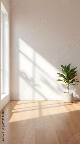 Realistic photography of a clean and minimal modern home interior with natural sunlight and soft shadows. Neutral tones and calm atmosphere suitable for interior design, lifestyle branding, home decor