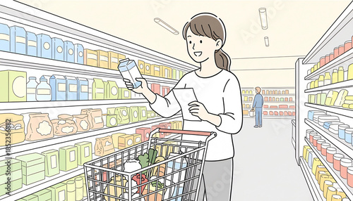 買い物リストをチェックする女性：スーパーマーケットでの楽しい食料品選び