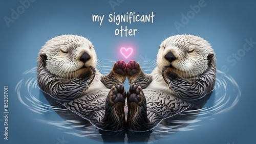 Cute otters couple floating holding paws with glowing heart on blue water illustration