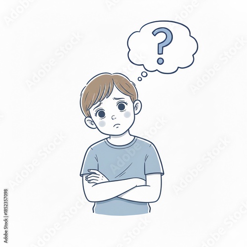 腕組みをして考える少年：学習における疑問と困惑