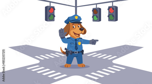 Cute cartoon dog traffic police controlling intersection with traffic lights, friendly animal officer illustration for road safety education