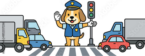 Cute cartoon dog traffic police holding traffic light at pedestrian crossing, friendly animal officer illustration for road safety education