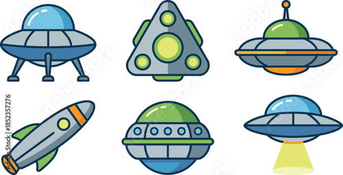 Cute UFO and spaceship icon set, cartoon alien spacecraft flying saucer rocket and futuristic space transport illustration collection