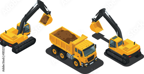 Isometric construction excavators loading dump truck, heavy machinery set for building, mining, road construction, industrial engineering illustration, vector