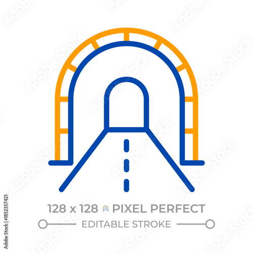 Tunnel pixel perfect two color line icon. Underpass on roadway. Traffic organization. Road infrastructure bicolor outline symbol. Duotone linear pictogram. Isolated illustration. Editable stroke