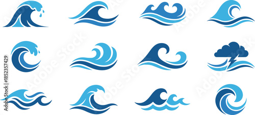 Stylized ocean wave icon set, modern blue sea symbols and dynamic water shapes collection for coastal branding, surf design, marine illustration