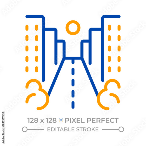 Street pixel perfect two color line icon. City with multistory buildings and driveway. Road infrastructure bicolor outline symbol. Duotone linear pictogram. Isolated illustration. Editable stroke
