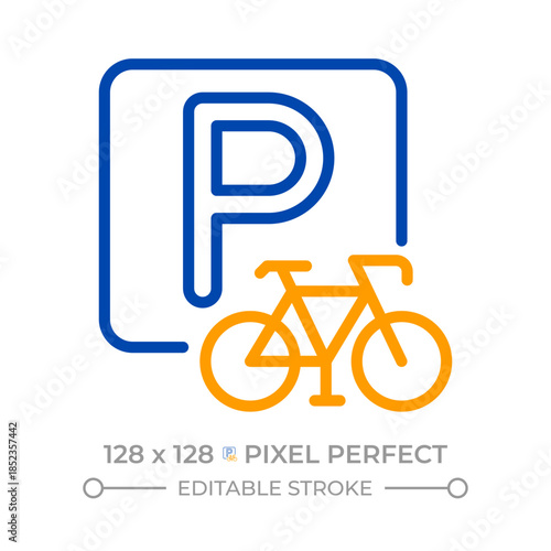 Bike parking pixel perfect two color line icon. Secure place for to leave bicycles. Road infrastructure bicolor outline symbol. Duotone linear pictogram. Isolated illustration. Editable stroke