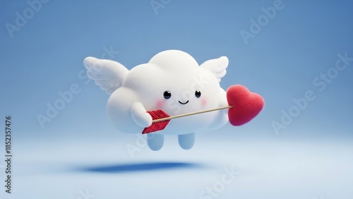 Cute fluffy cloud character holding cupid's arrow with red heart on a light blue background