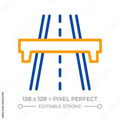 Highway pixel perfect two color line icon. Modern expressway for vehicles. Road infrastructure. Motorway sign bicolor outline symbol. Duotone linear pictogram. Isolated illustration. Editable stroke