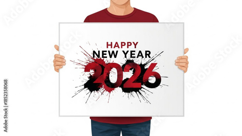 Man holding happy new year 2026 sign with red and black text and paint splatter