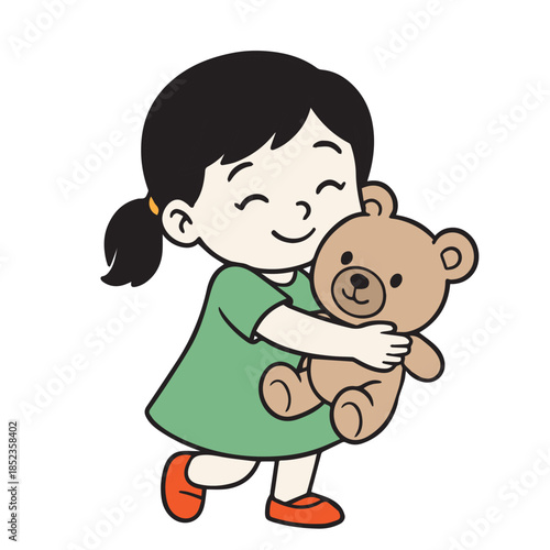 A cute vector illustration shows a little girl hugging her teddy bear, expressing warmth, comfort, and childhood innocence through soft shapes, gentle colors, and a sweet emotional moment.