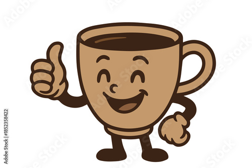 A simple cute cartoon vector depicts a brown cup with playful character, symbolizing comfort, warmth, and positivity through charming design and a friendly visual personality.