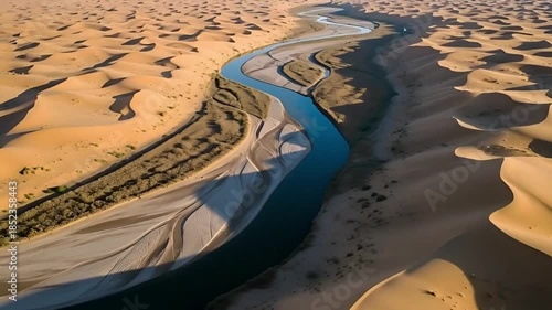 Drone View of River Flowing Through Desert Landscape