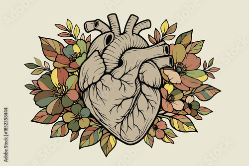A calm vector presents a human heart framed by flowers and leaves, expressing wellness, harmony, and the concept of maintaining heart health through mindful and balanced living.