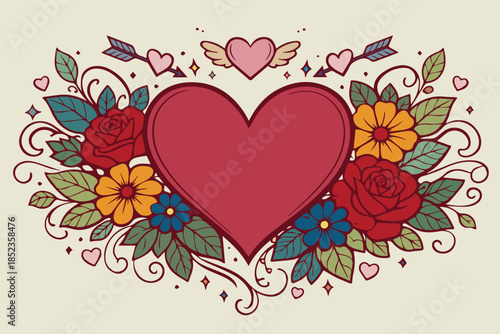 A romantic vector background features a heart surrounded by blooming flowers and soft leaves, creating a warm, elegant atmosphere that symbolizes love, harmony, and gentle natural beauty.