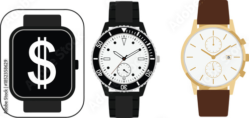 Smartwatch and analog wristwatch comparison illustration, luxury fashion accessories, time management concept, digital and classic watch styles for business marketing