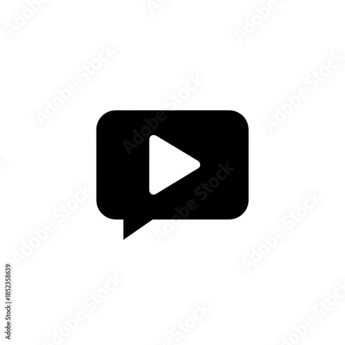 Flat black and white icon of a play button inside a chat bubble