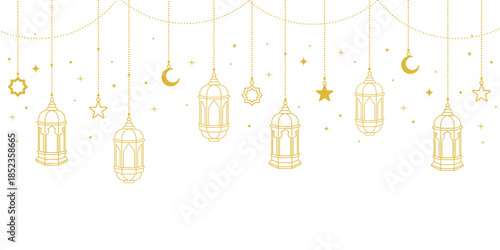 islamic lantern hanging line border art for greeting card or poster design decoration