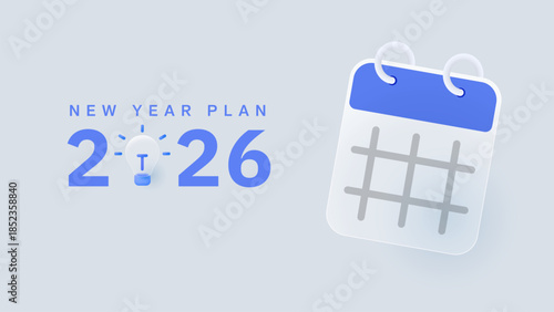 Modern 2026 Text Calendar Backgrounds Planner Horizontal Icon Illustration with glassmorphism idea and plan annual title for organisation clip art lightbulb Blue Clean Office Simplicity Minimalist