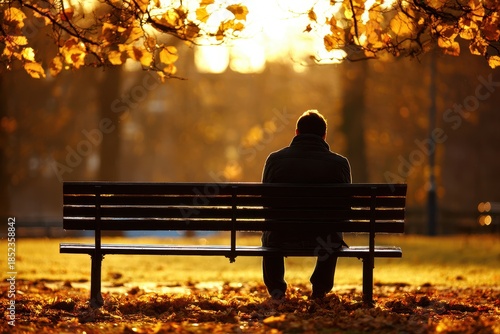Person sits on bench in park during sunset with orange leaves surrounding the scene