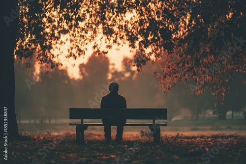 Person sitting on bench in park during sunset with trees and shadows in background
