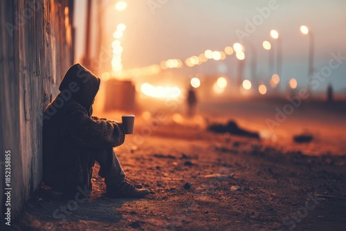 Person sitting on ground near a street holding a cup during evening with lights in background