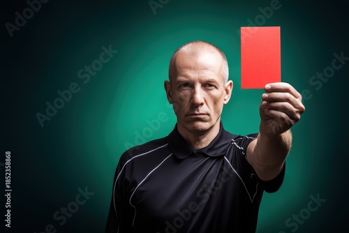 Referee shows red card during a sports game at night with a green background