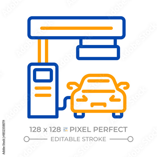 Gas station pixel perfect two color line icon. Car refueling at petrol pump. Service. Road infrastructure bicolor outline symbol. Duotone linear pictogram. Isolated illustration. Editable stroke