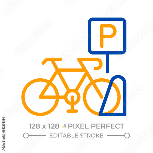 Bike parking place pixel perfect two color line icon. Bicycle on stand under special sign. Road infrastructure bicolor outline symbol. Duotone linear pictogram. Isolated illustration. Editable stroke