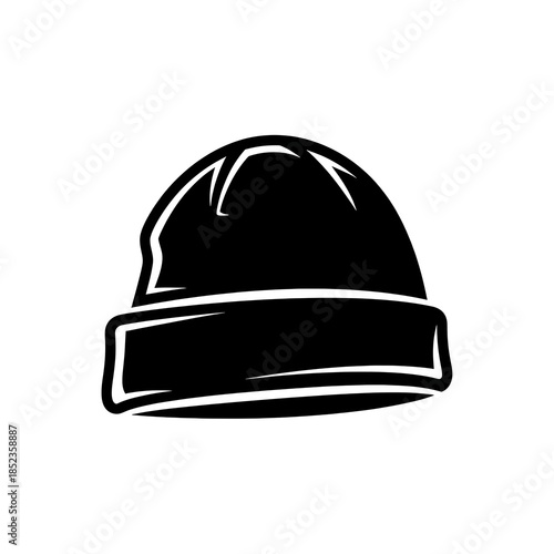 Flat black and white icon of a beanie hat folded at the edge
