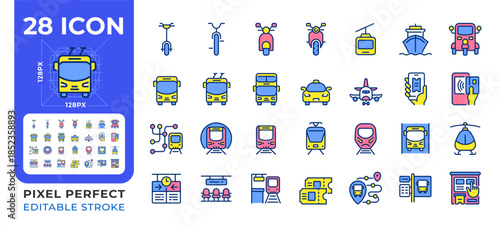 Public transport pixel perfect line color icons set. Shared mobility system. Traffic regulation. Vehicle types. Vector illustrations. Simple flat colorful symbols collection. Editable stroke