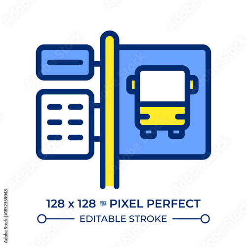 Bus stop pixel perfect line color icon. Road sign at public transport station. Information for passengers. Urban service. Isolated vector illustration. Flat colorful symbol design. Editable stroke