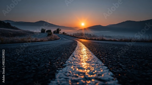 Cinematic dawn landscape with winding empty road, misty hills, reflective asphalt, golden sunrise, sun rays breaking through fog, motivational view of perseverance and new beginnings