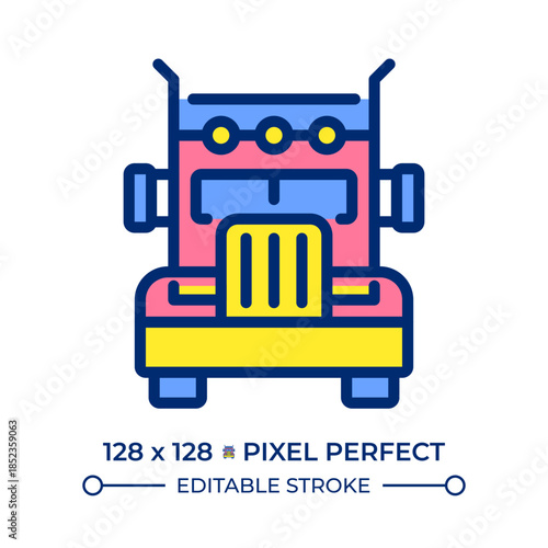 Semi truck pixel perfect line color icon. Large combination vehicle for hauling freight. Cab with cargo carrier. Isolated vector illustration. Flat colorful symbol design. Editable stroke