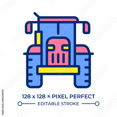 Tractor pixel perfect line color icon. Agricultural machinery. Farm industry vehicle. Pulling heavy implements. Isolated vector illustration. Flat colorful symbol design. Editable stroke