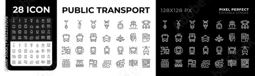 Public transport pixel perfect black and white line icons set. Shared mobility system. Traffic regulation. Vehicle types. Outline iconset. Isolated monochrome illustrations. Editable stroke