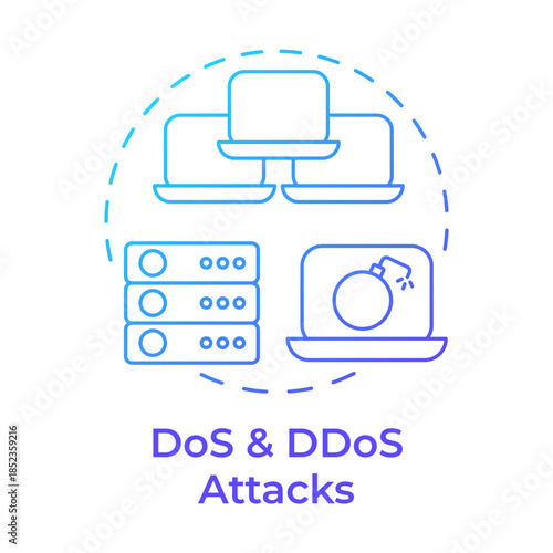DoS and ddos attacks blue gradient concept icon. Network vulnerability, database management. Round shape line illustration. Abstract idea. Graphic design. Easy to use in brochure, booklet