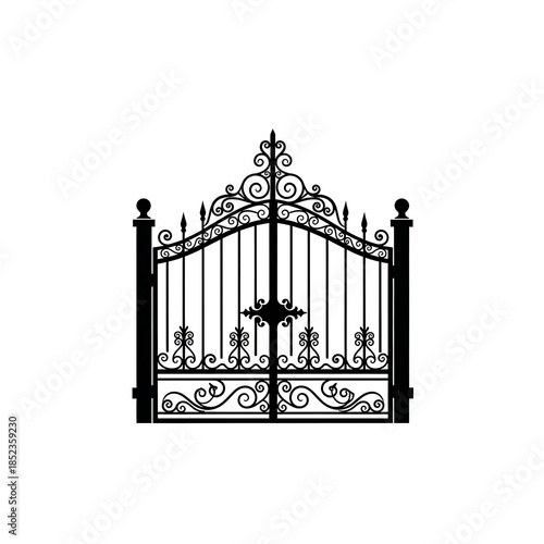 Flat black and white icon of a closed gate with city fence bars