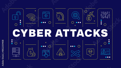 Cyber attacks blue word concept. Phishing attack. Data protection. Software vulnerability. Horizontal vector image. Headline text surrounded by editable outline icons. Hubot Sans font used