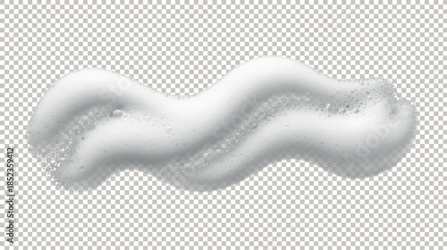 Horizontal wavy smear of white soap foam or fluffy shaving cream with tiny bubbles isolated on a transparent background.