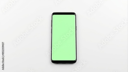 Modern smartphone with bright green screen on white background