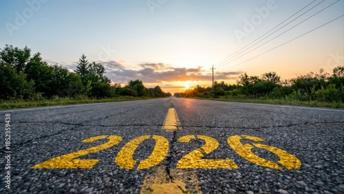 Open road ahead with new year 2026 painted on asphalt towards sunset