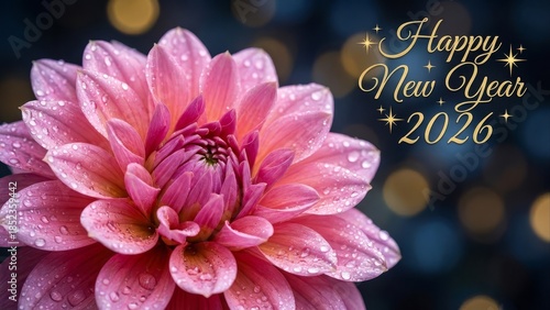 Pink dahlia flower with water drops happy new year greeting