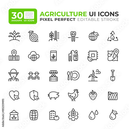 Agriculture line ui icons set. Smart technology, farming industry. Crop growth. Livestock production. Isolated vector outline symbols iconography. User interface elements linear, pixel perfect