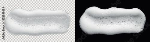 Horizontal smear of thick white soap foam or fluffy shaving cream with bubble texture isolated on transparent and black backgrounds.