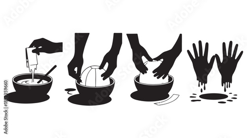 Hand Washing Process in Simple Silhouette Style with Black and White Color Scheme on Clean White Background for Hygiene Illustration